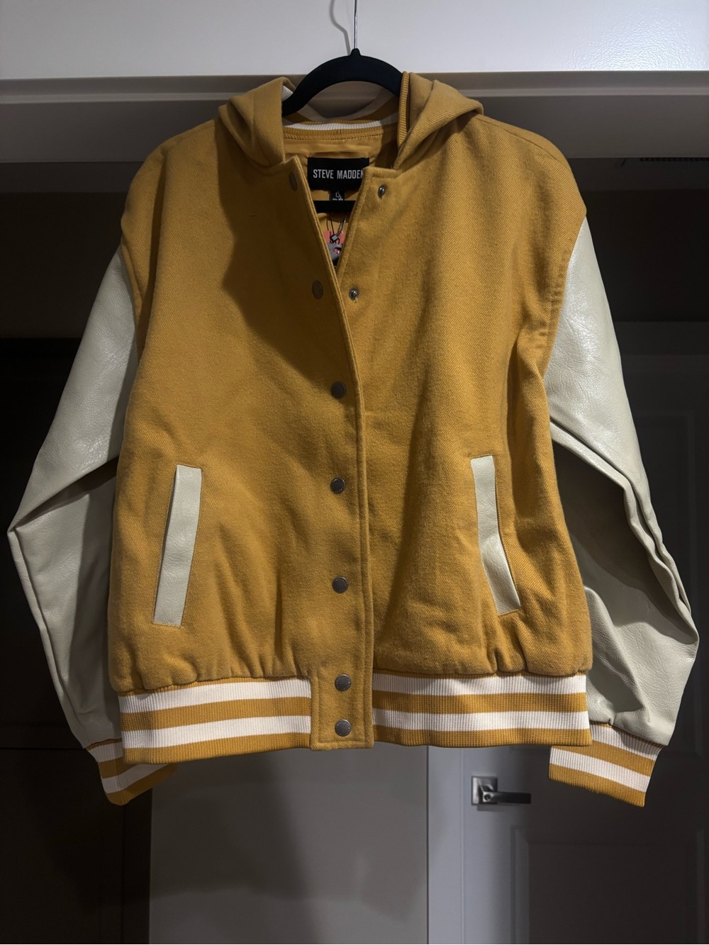 Steve Madden Mustard Yellow and Cream Varsity Jacket